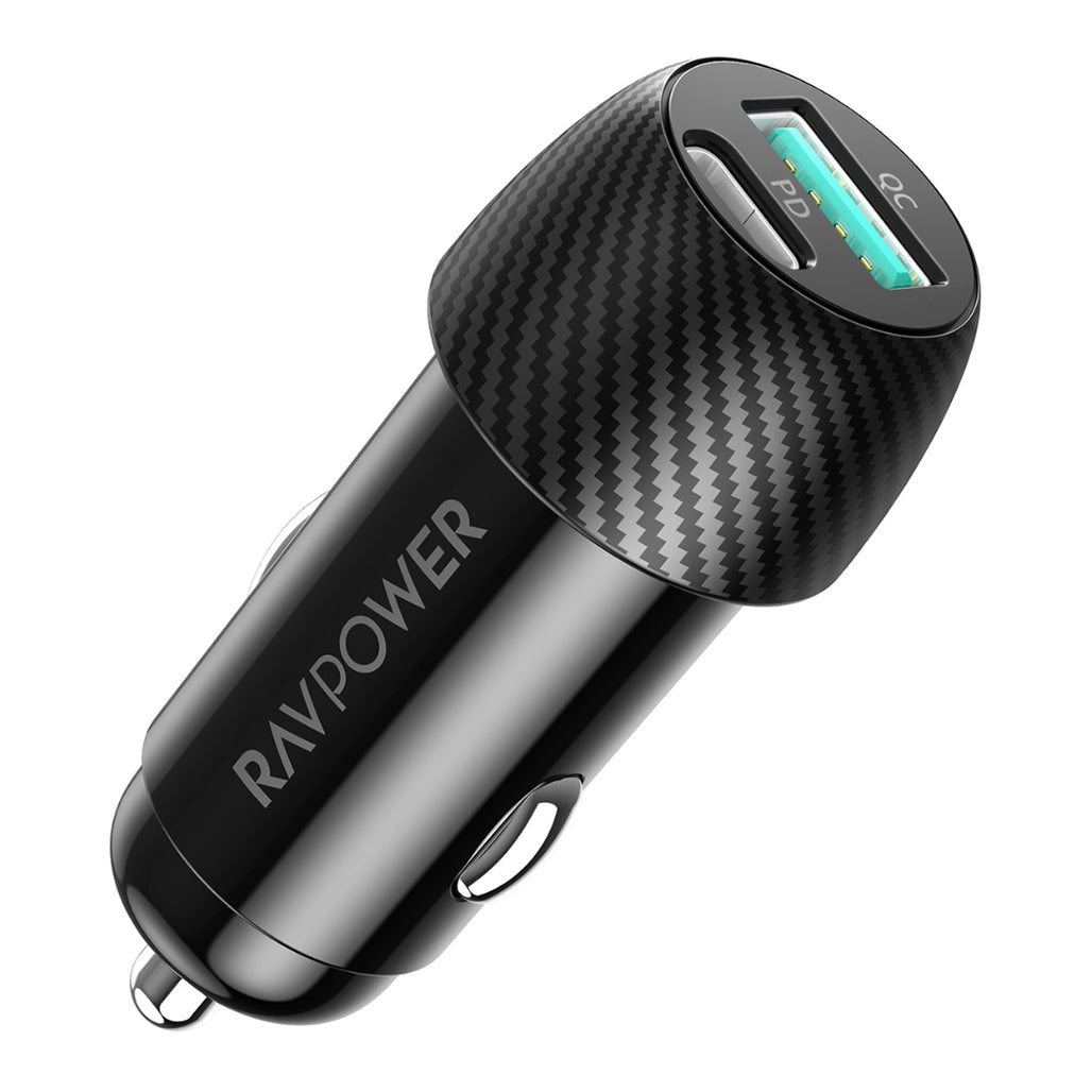 A Photo Of RAVPower RP-VC030 49W Dual USB Car Charger – USB-C PD 25W & USB-A QC3.0 24W | Fast Charging Adapter for iPhone, Android & GPS