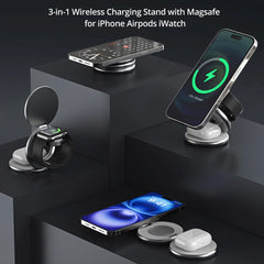 A Photo Of RAVPower 3-in-1 MagSafe Wireless Charging Station – Qi2 & MFM Certified Foldable Stand for iPhone, Apple Watch & AirPods (Titanium Gray)