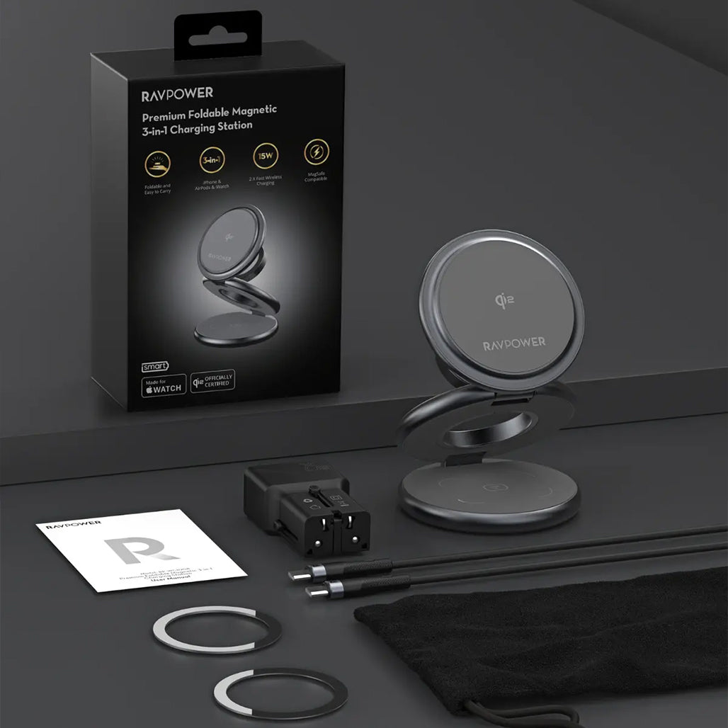 A Photo Of RAVPower 3-in-1 MagSafe Wireless Charging Station – Qi2 & MFM Certified Foldable Stand for iPhone, Apple Watch & AirPods (Titanium Gray)