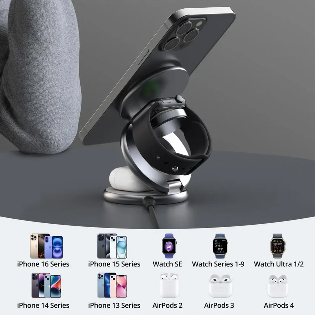 A Photo Of RAVPower 3-in-1 MagSafe Wireless Charging Station – Qi2 & MFM Certified Foldable Stand for iPhone, Apple Watch & AirPods (Titanium Gray)