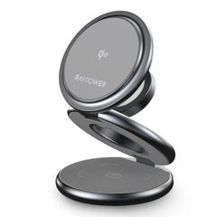A Photo Of RAVPower 3-in-1 MagSafe Wireless Charging Station – Qi2 & MFM Certified Foldable Stand for iPhone, Apple Watch & AirPods (Titanium Gray)