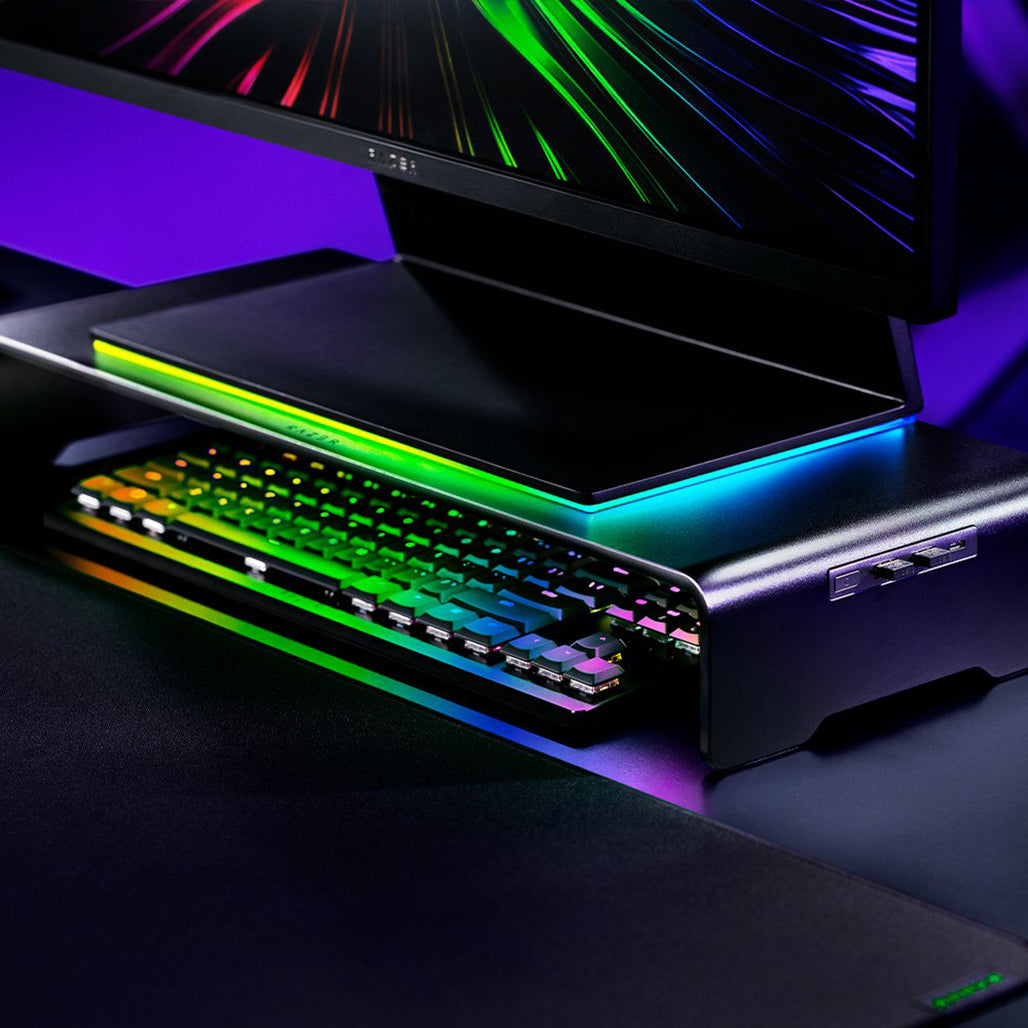 A Photo Of Razer Monitor Stand Chroma – RGB Monitor Riser with USB-C Hub & Aluminum Desk Organizer
