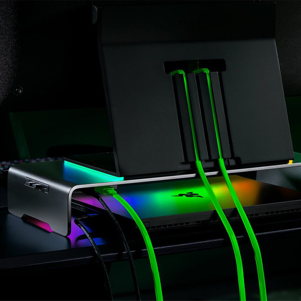 A Photo Of Razer Monitor Stand Chroma – RGB Monitor Riser with USB-C Hub & Aluminum Desk Organizer