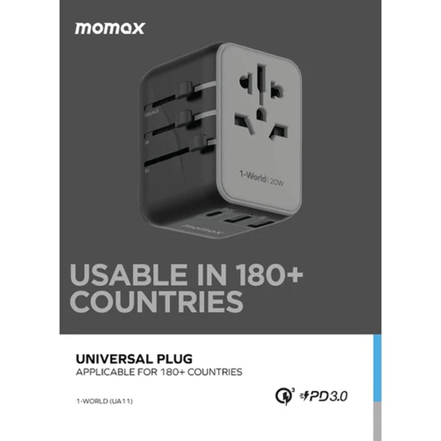A Photo Of Momax 1-World 20W 3 Ports AC Travel Adapter - Versatile Charging for 150+ Countries