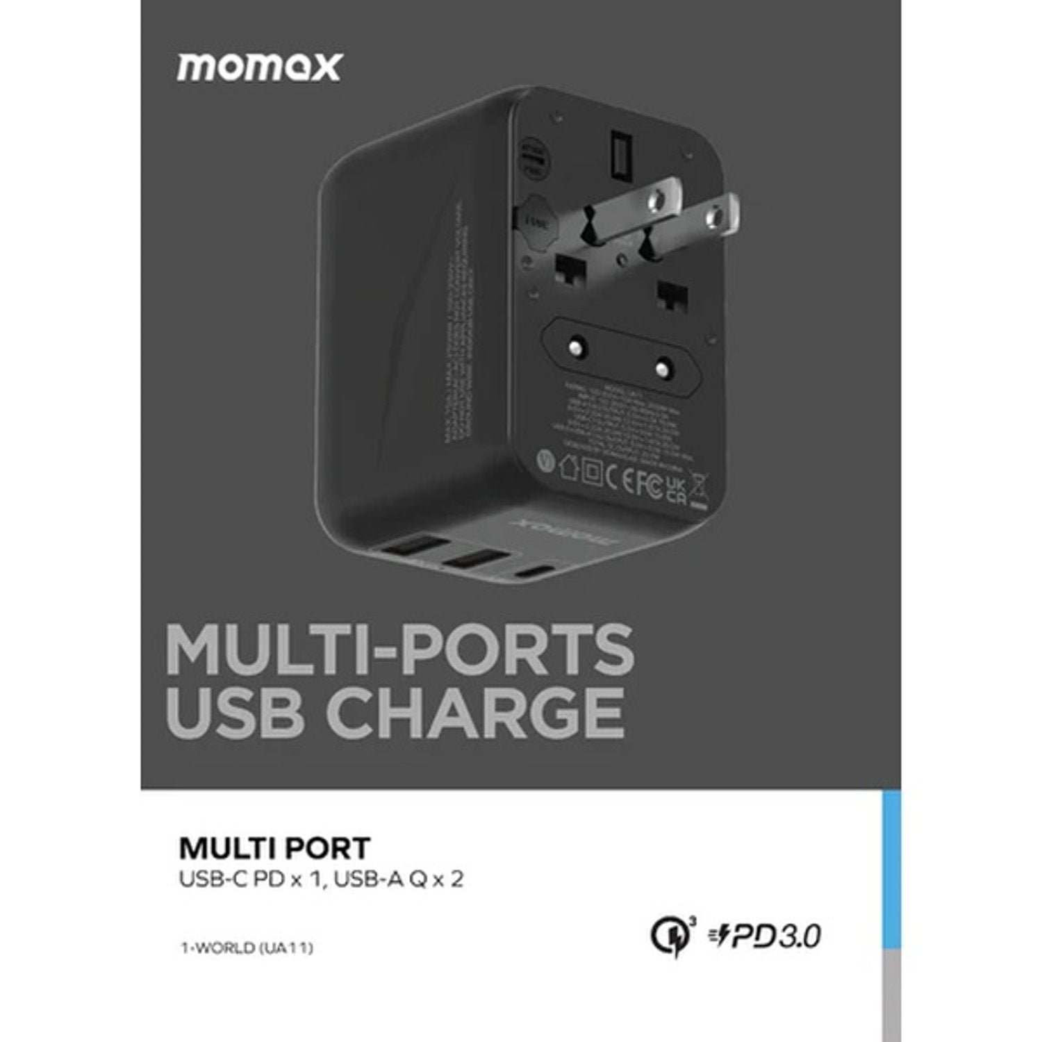 A Photo Of Momax 1-World 20W 3 Ports AC Travel Adapter - Versatile Charging for 150+ Countries