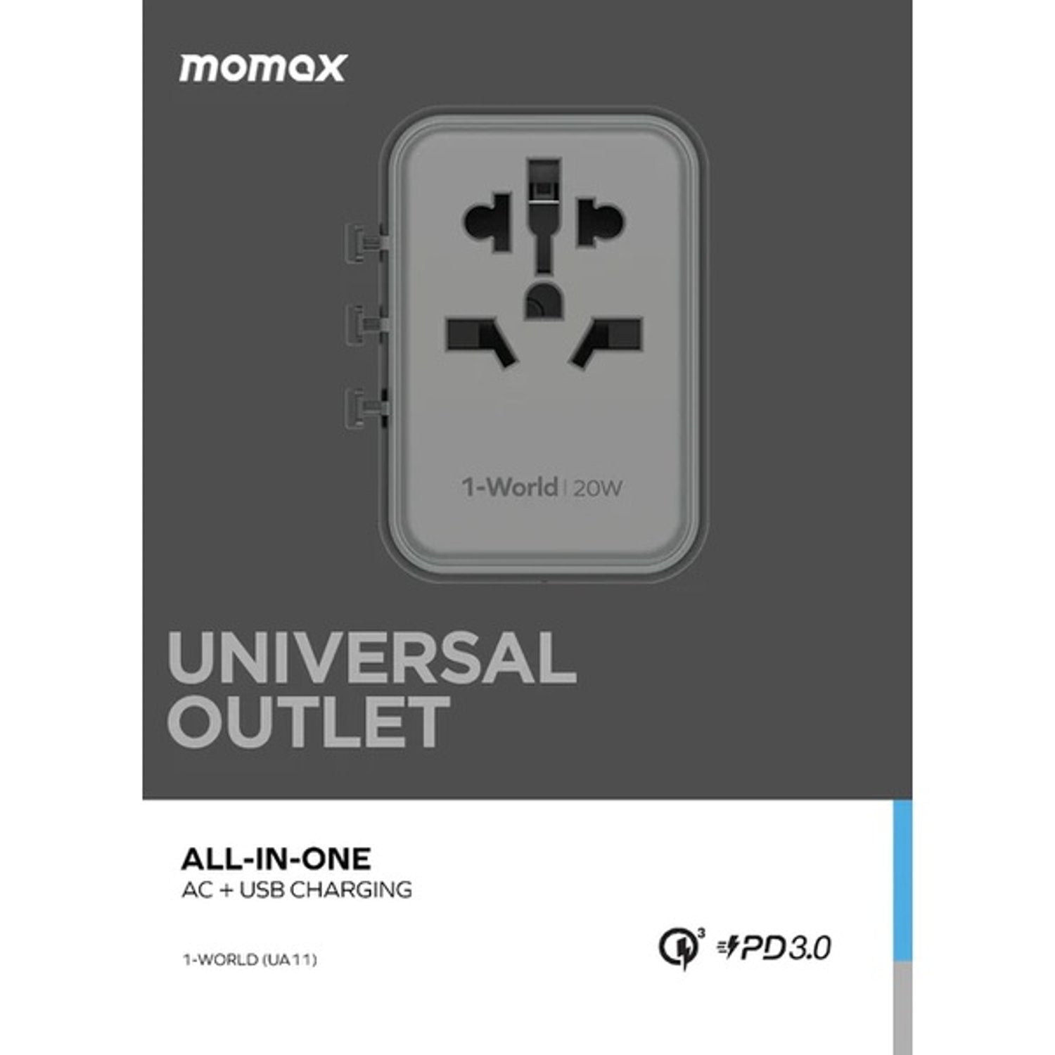 A Photo Of Momax 1-World 20W 3 Ports AC Travel Adapter - Versatile Charging for 150+ Countries