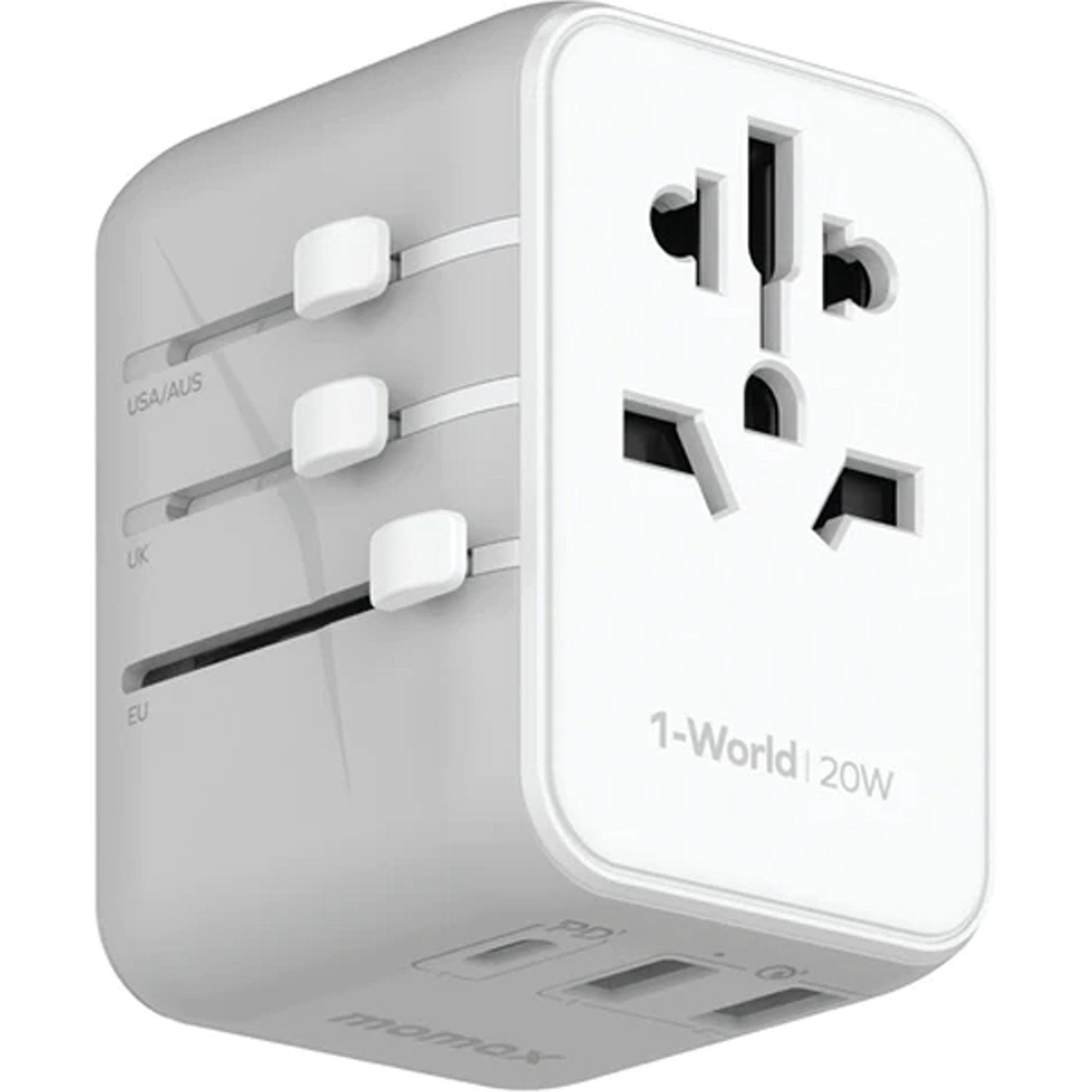 A Photo Of Momax 1-World 20W 3 Ports AC Travel Adapter - Versatile Charging for 150+ Countries