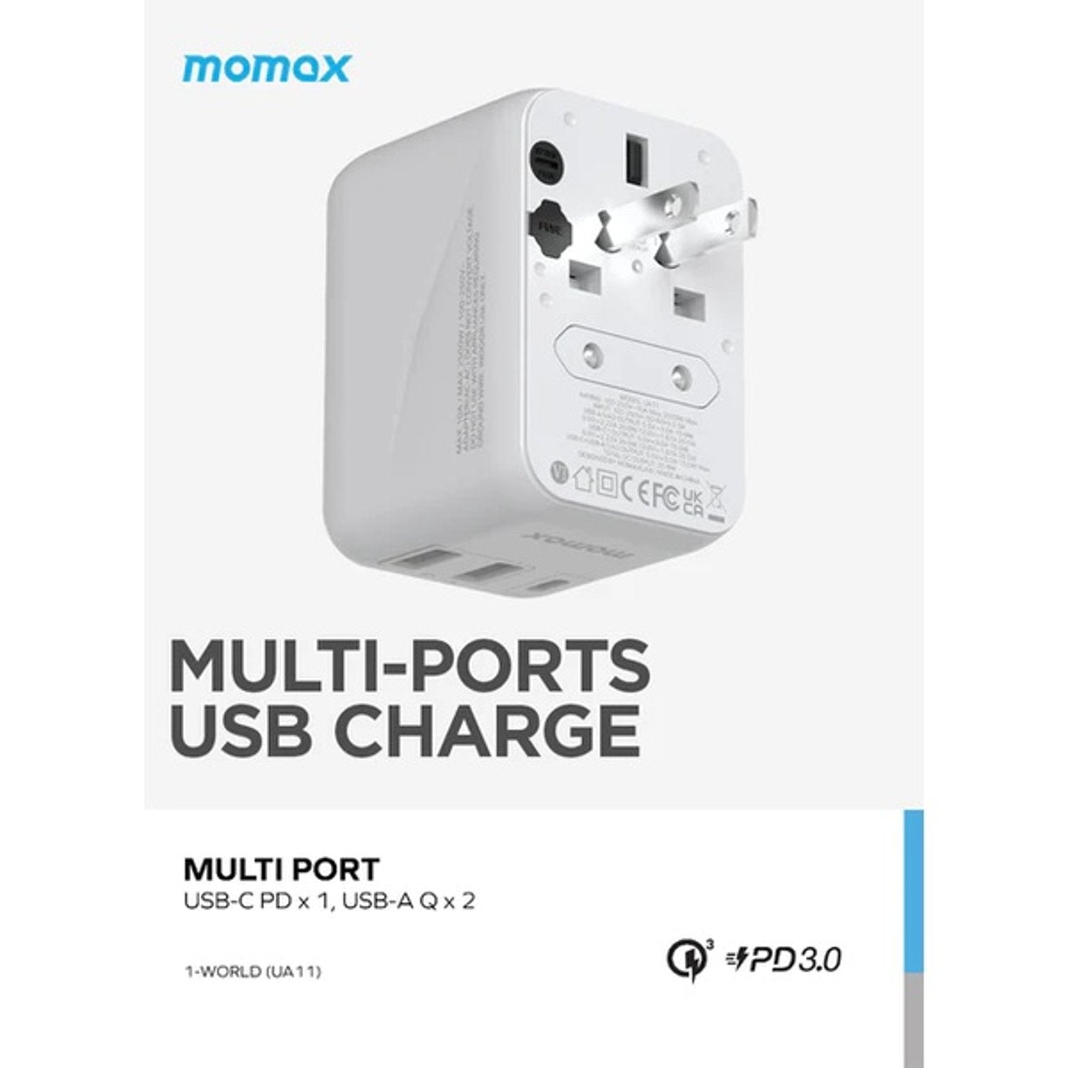 A Photo Of Momax 1-World 20W 3 Ports AC Travel Adapter - Versatile Charging for 150+ Countries