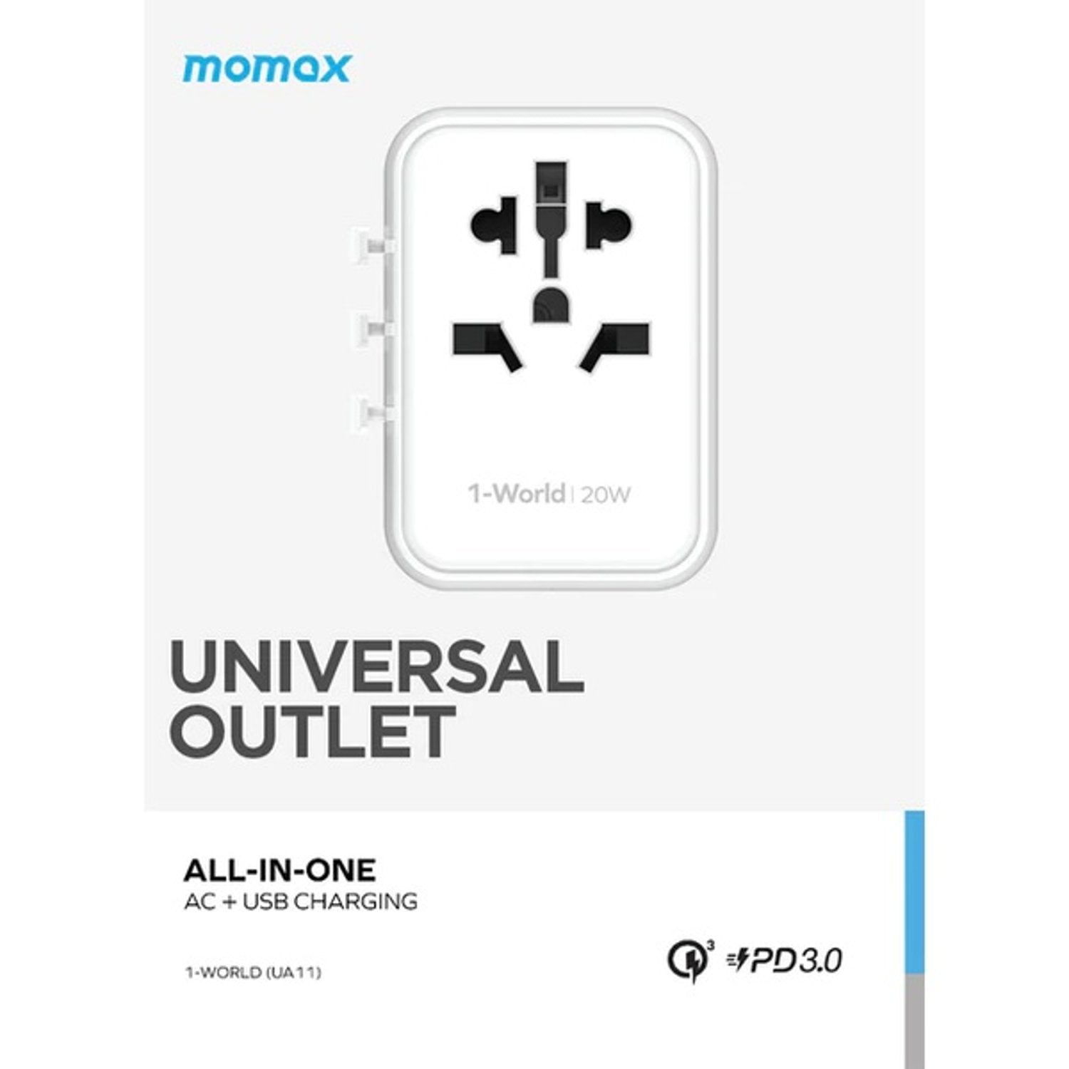 A Photo Of Momax 1-World 20W 3 Ports AC Travel Adapter - Versatile Charging for 150+ Countries