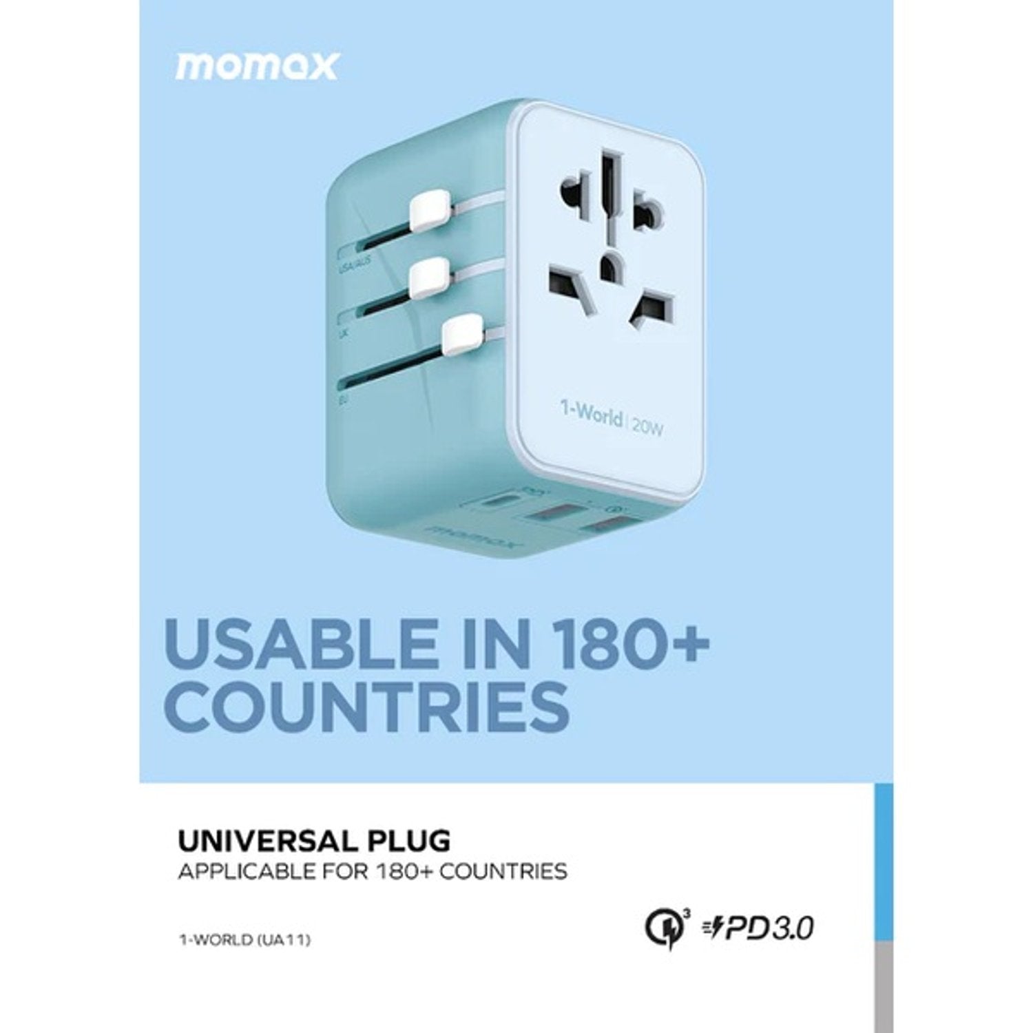 A Photo Of Momax 1-World 20W 3 Ports AC Travel Adapter - Versatile Charging for 150+ Countries