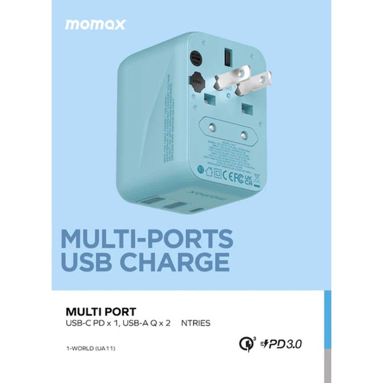 A Photo Of Momax 1-World 20W 3 Ports AC Travel Adapter - Versatile Charging for 150+ Countries