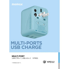 A Photo Of Momax 1-World 20W 3 Ports AC Travel Adapter - Versatile Charging for 150+ Countries