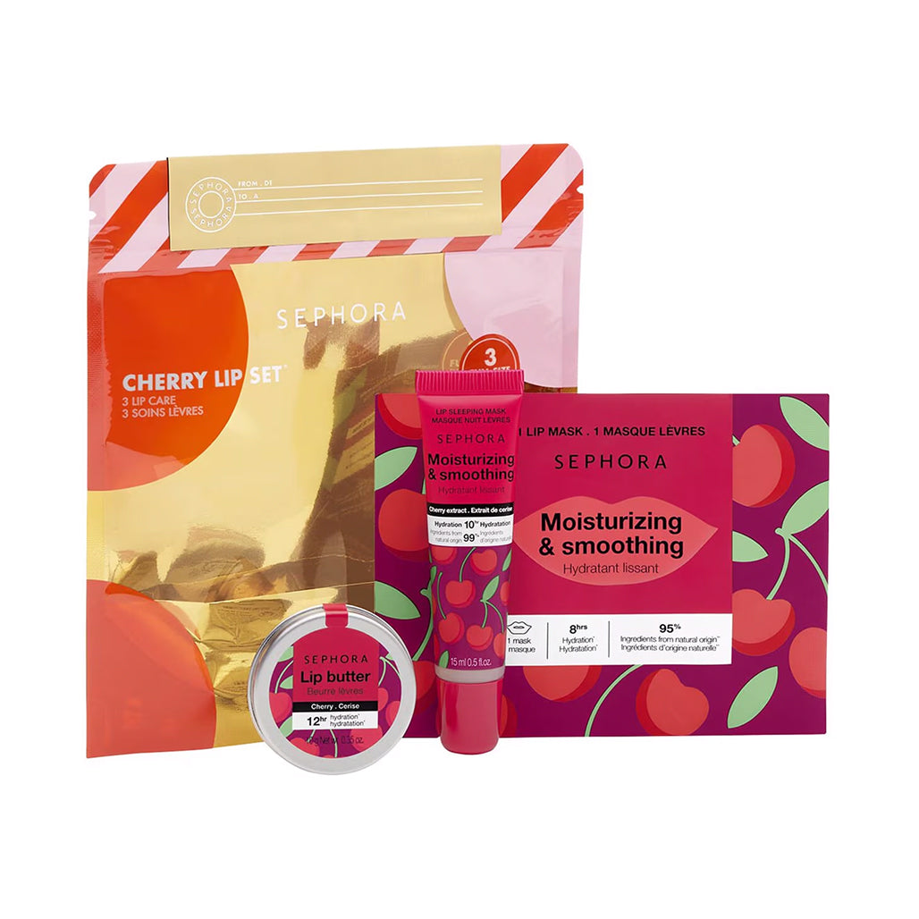 A Photo Of Sephora Cherry Lip Care Set – Hydrating Lip Butter, Lip Mask & Sleeping Mask Trio