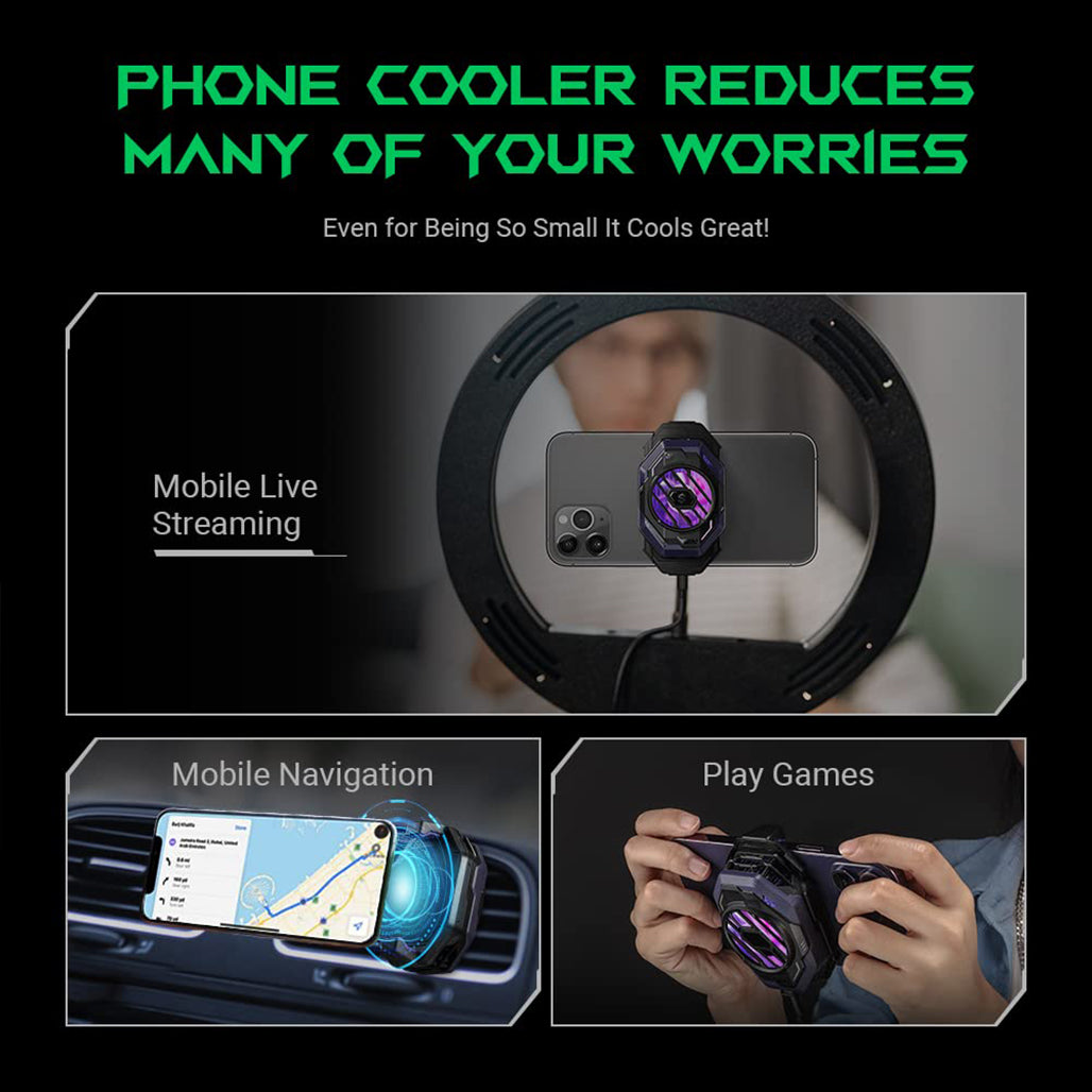 A Photo Of Black Shark FunCooler 3 Pro Phone Cooler for Gaming – Semiconductor Heatsink with Sleep Timer, RGB, Bluetooth APP Control – Compatible with iOS/Android (67mm-88mm Width)