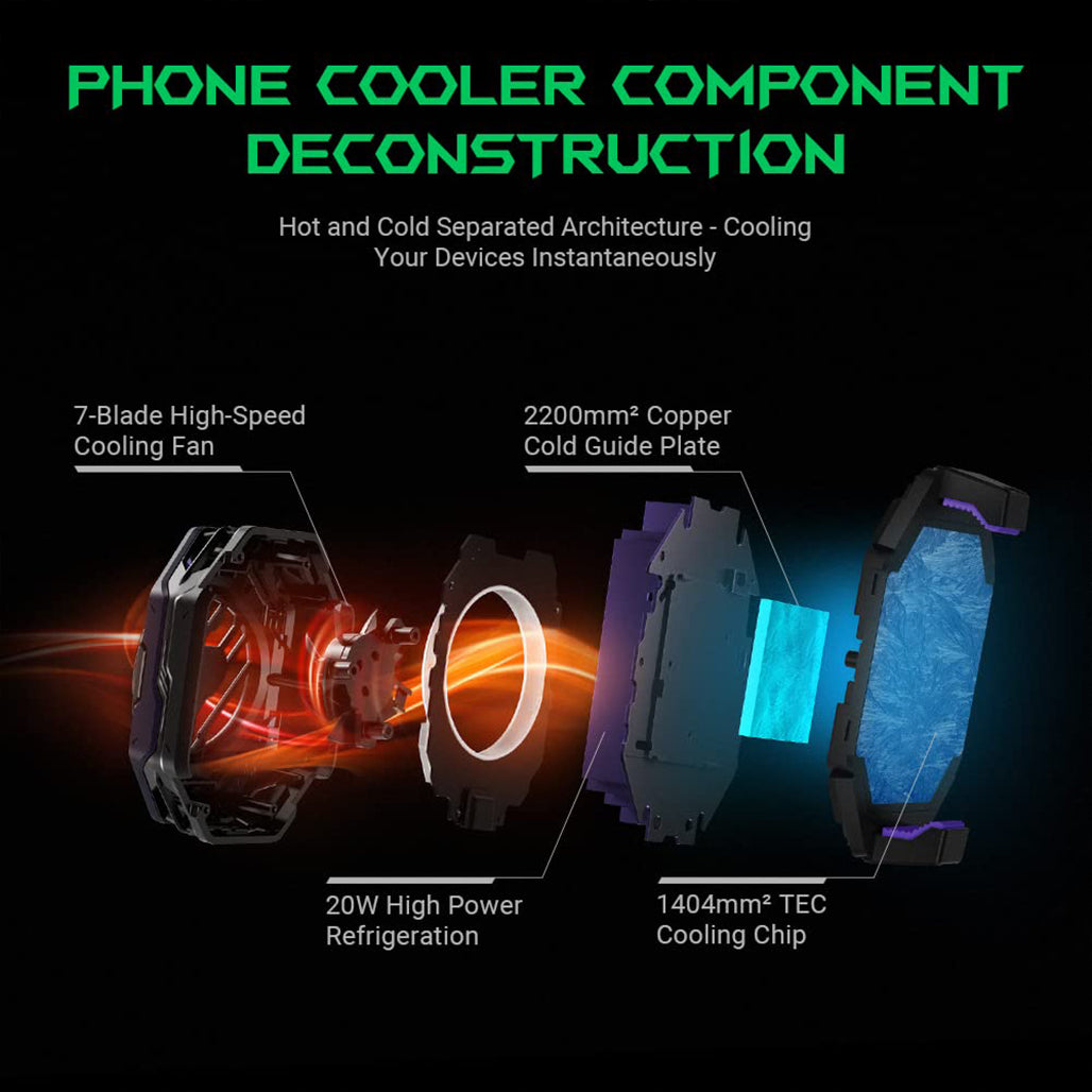 A Photo Of Black Shark FunCooler 3 Pro Phone Cooler for Gaming – Semiconductor Heatsink with Sleep Timer, RGB, Bluetooth APP Control – Compatible with iOS/Android (67mm-88mm Width)