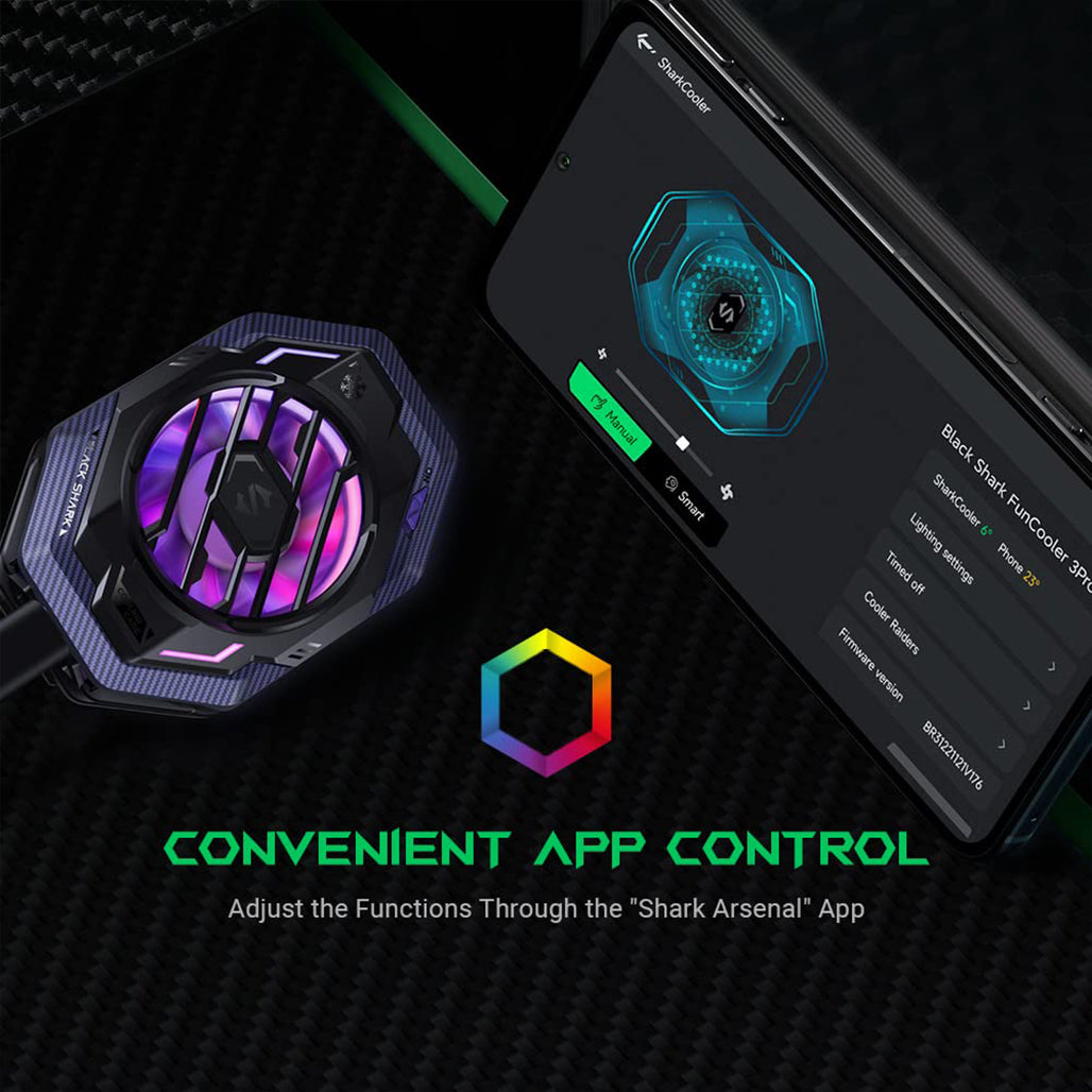 A Photo Of Black Shark FunCooler 3 Pro Phone Cooler for Gaming – Semiconductor Heatsink with Sleep Timer, RGB, Bluetooth APP Control – Compatible with iOS/Android (67mm-88mm Width)