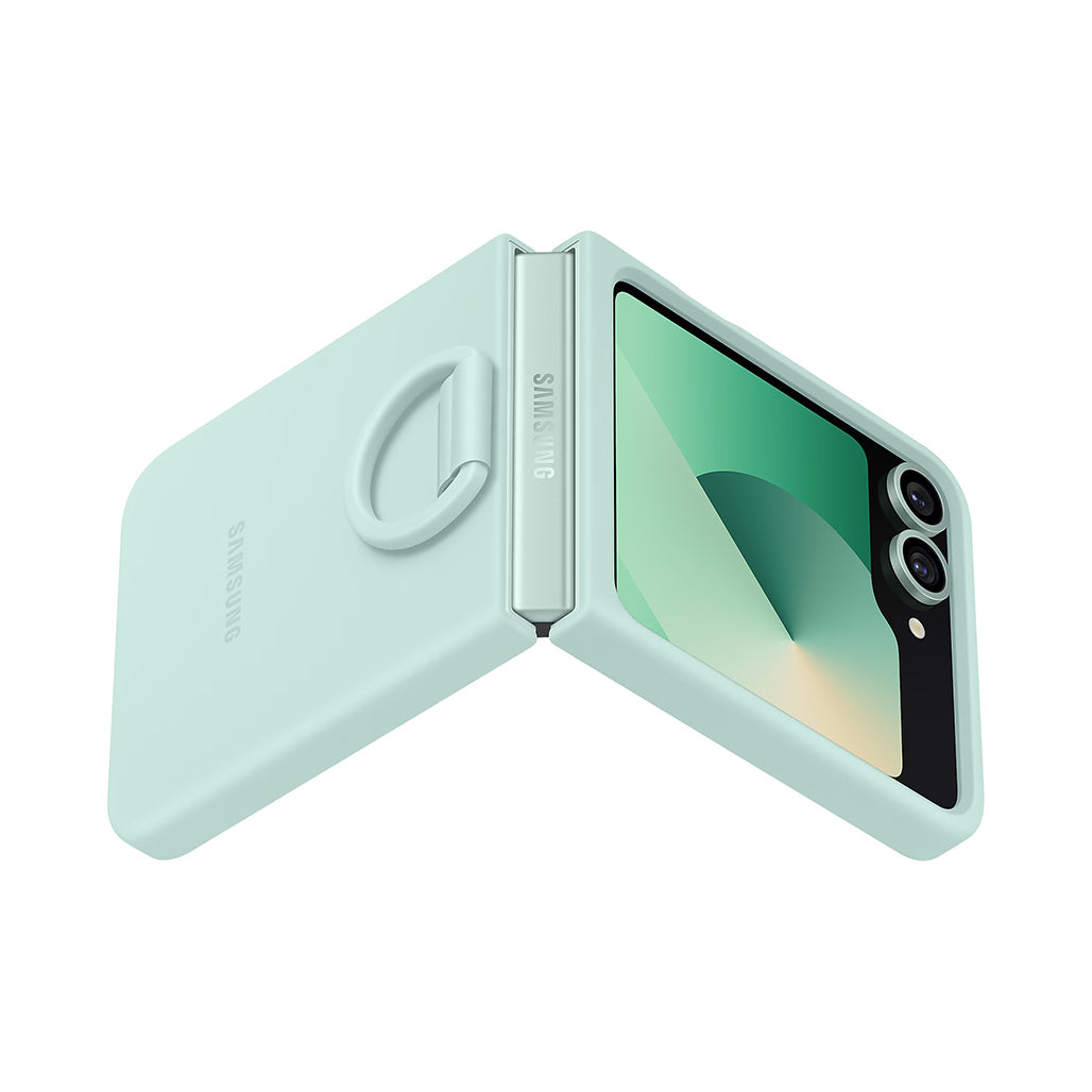 A Photo Of Samsung Z Flip6 Silicone Case with Built-In Ring | Ultra-Slim, Non-Slip Grip, Sleek Design