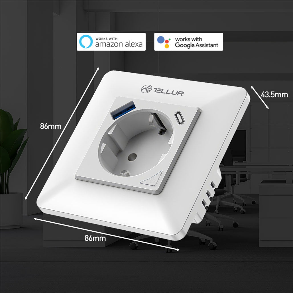 A Photo Of Tellur Smart WiFi Wall Plug with Energy Monitoring, 3600W, 16A, PD20W, USB 18W, Child Protection - White