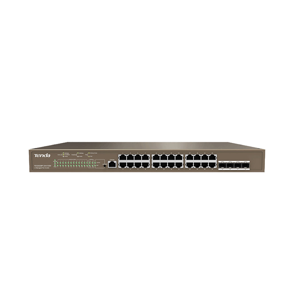 A Photo Of Tenda TEG5328P-24-410W Layer-3 Managed PoE+ Switch – 24×Gigabit + 4×SFP, 370 W Budget