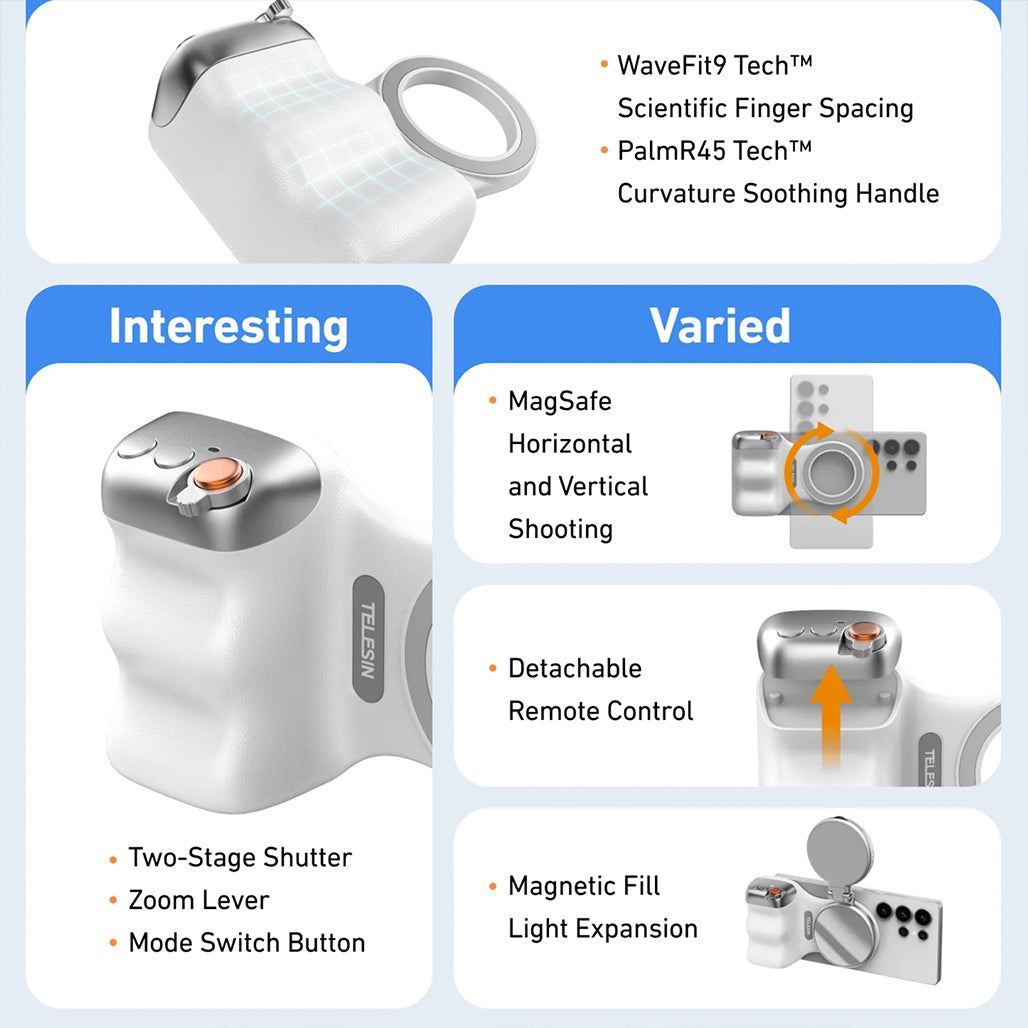 A Photo Of Telesin Fun Shot Magnetic Phone Grip – Ultra-Strong N52 Magnets, Ergonomic Handheld Design with telesin original light