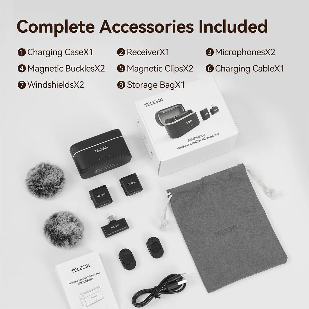 A Photo Of TELESIN Wireless Lavalier Microphone with Noise Cancellation & USB-C Compatibility – 200M Range, 18H Battery Life