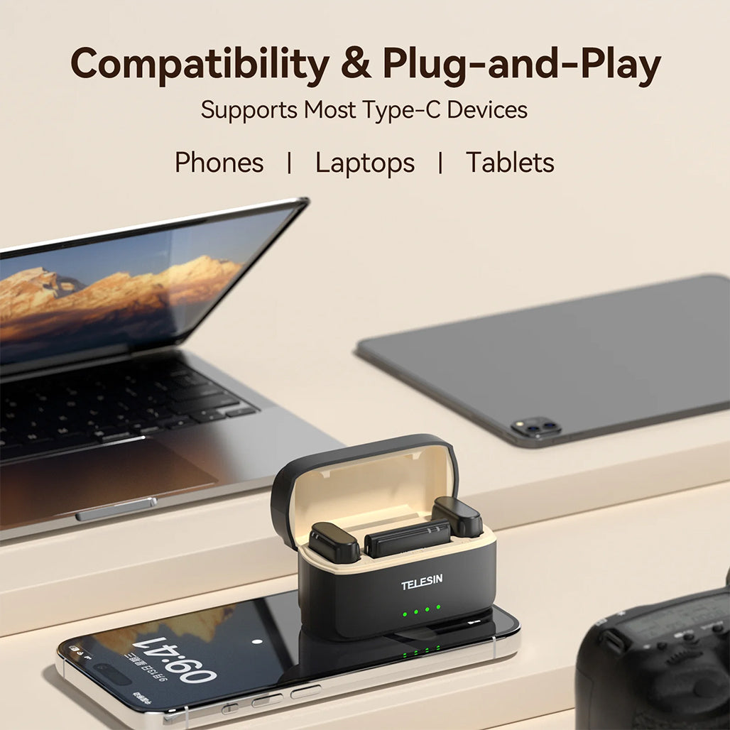 A Photo Of TELESIN Wireless Lavalier Microphone with Noise Cancellation & USB-C Compatibility – 200M Range, 18H Battery Life