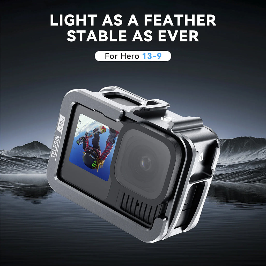 A Photo Of TELESIN Aluminum Protective Cage for GoPro Hero 13 – Full Body Housing with Cold Shoe Mount, HDMI/USB Access, Quick Release Compatible