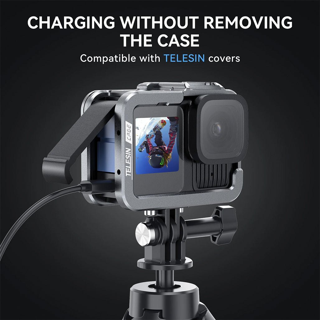 A Photo Of TELESIN Aluminum Protective Cage for GoPro Hero 13 – Full Body Housing with Cold Shoe Mount, HDMI/USB Access, Quick Release Compatible