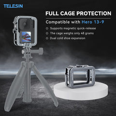A Photo Of TELESIN Aluminum Protective Cage for GoPro Hero 13 – Full Body Housing with Cold Shoe Mount, HDMI/USB Access, Quick Release Compatible