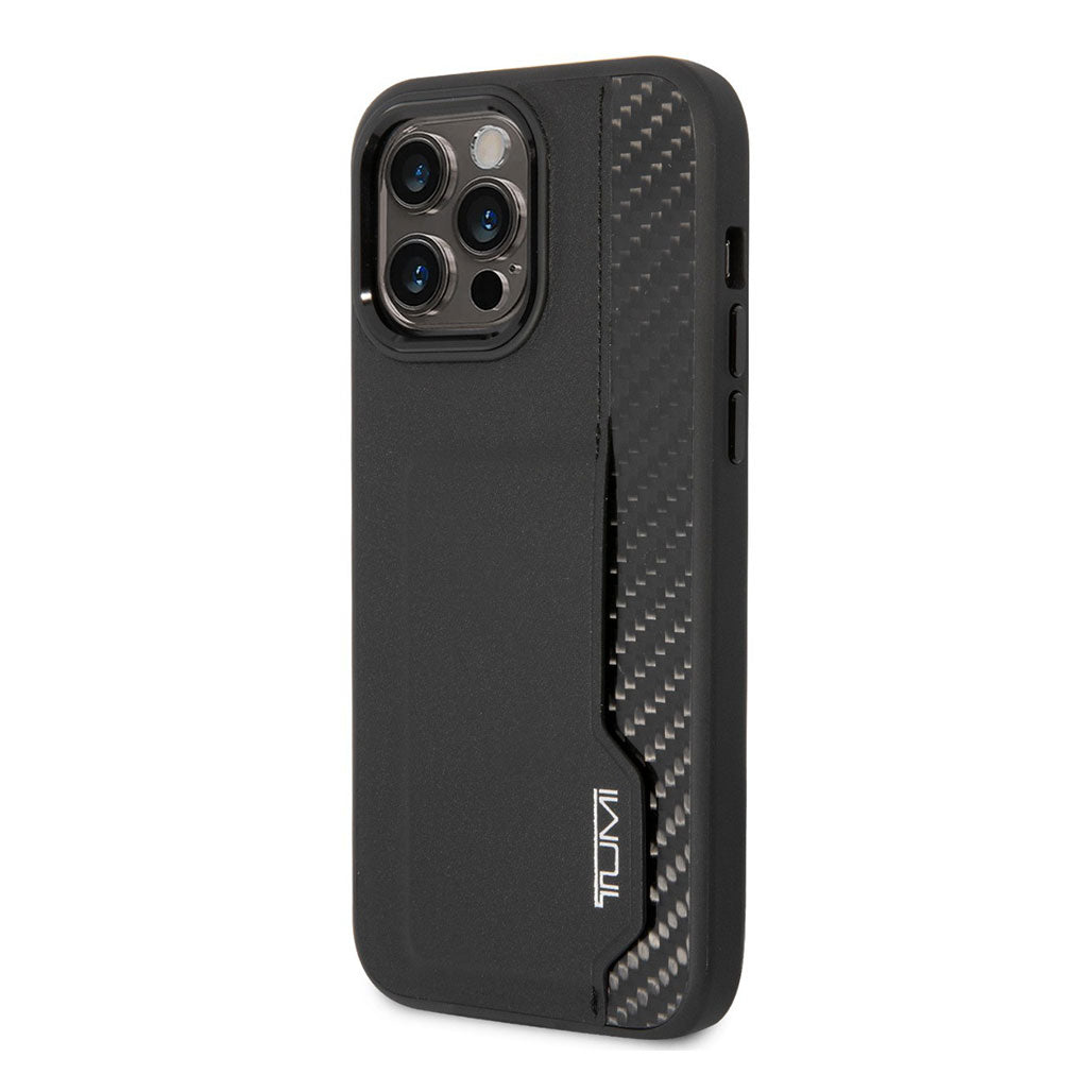 A Photo Of Tumi HC Leather & Shiny Carbon Fiber Case With Vertical Card Slot For iPhone 14 Pro