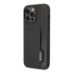 A Photo Of Tumi HC Leather & Shiny Carbon Fiber Case With Vertical Card Slot For iPhone 14 Pro Max