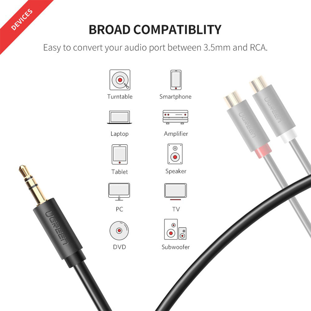 A Photo Of UGreen RCA 3.5mm Adapter Cable - 2 Phono Female to Male Aux Mini Jack for Superior Audio