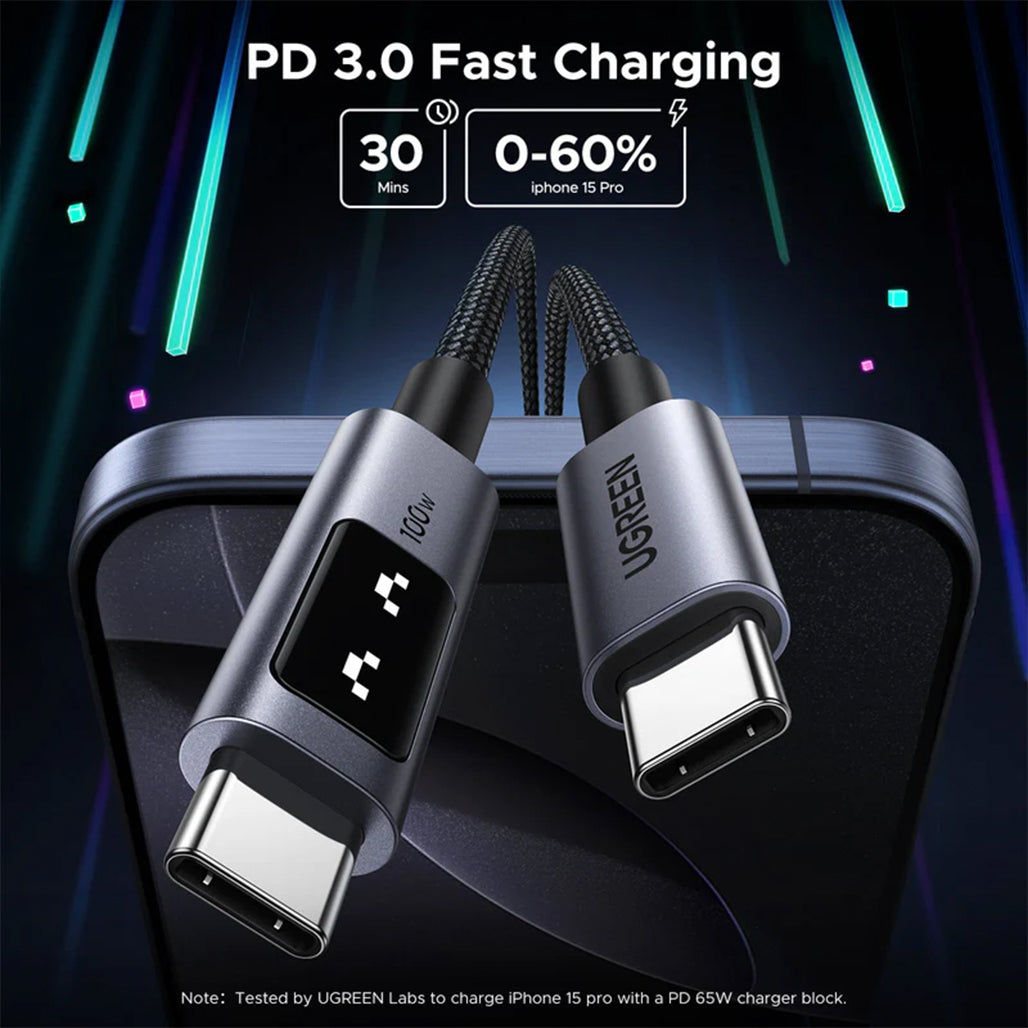 A Photo Of UGREEN Uno USB-C to USB-C Cable 100W 2M – Fast Charging, LED Display, Durable Nylon Braided