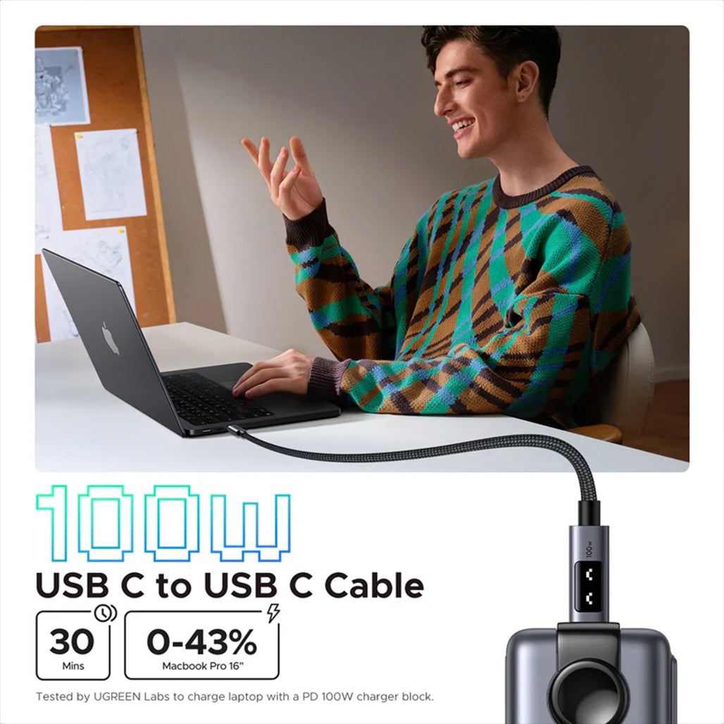 A Photo Of UGREEN Uno USB-C to USB-C Cable 100W 2M – Fast Charging, LED Display, Durable Nylon Braided