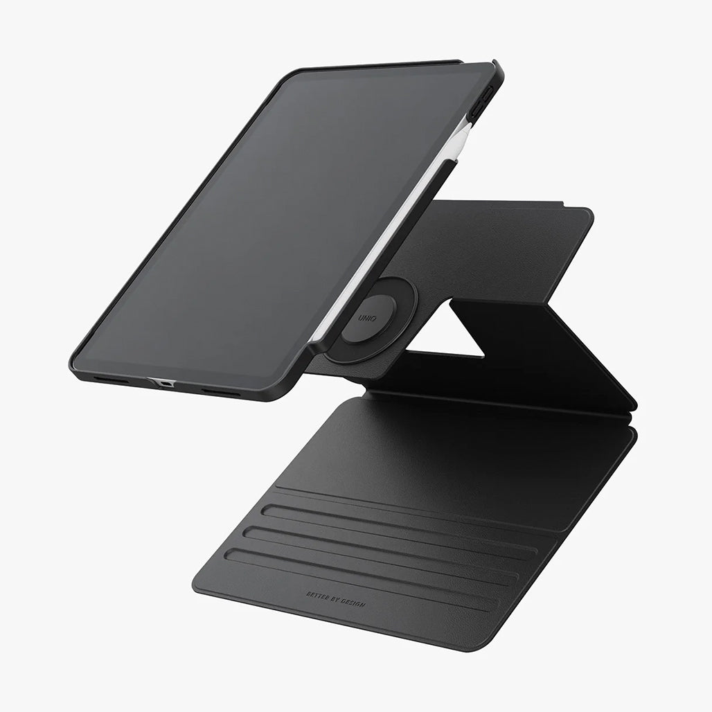 A Photo Of UNIQ Rovus SnapMount Magnetic iPad Stand & Case for iPad (A16) - with Built-in Apple Pencil Holder – 360° Rotation & Multi-Angle Viewing