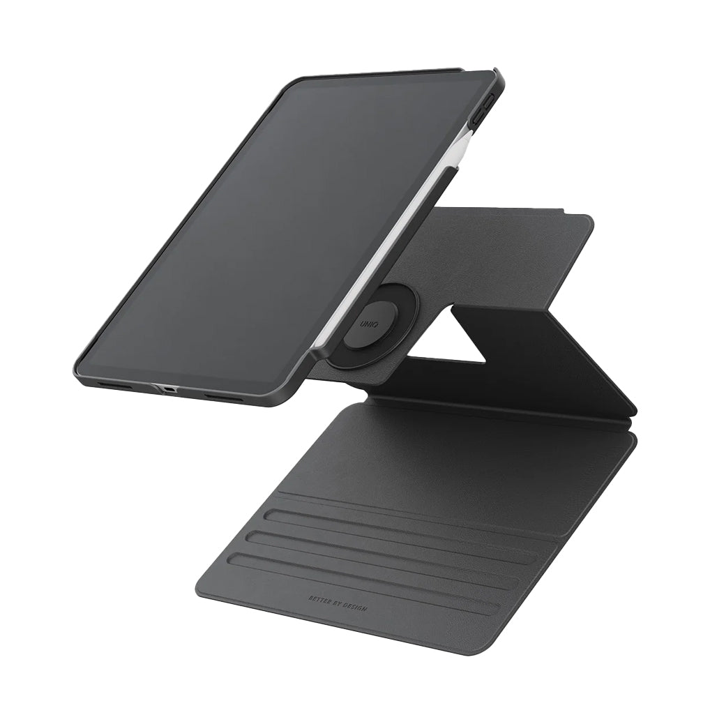A Photo Of UNIQ Rovus SnapMount Magnetic iPad Stand & Case for iPad (A16) - with Built-in Apple Pencil Holder – 360° Rotation & Multi-Angle Viewing