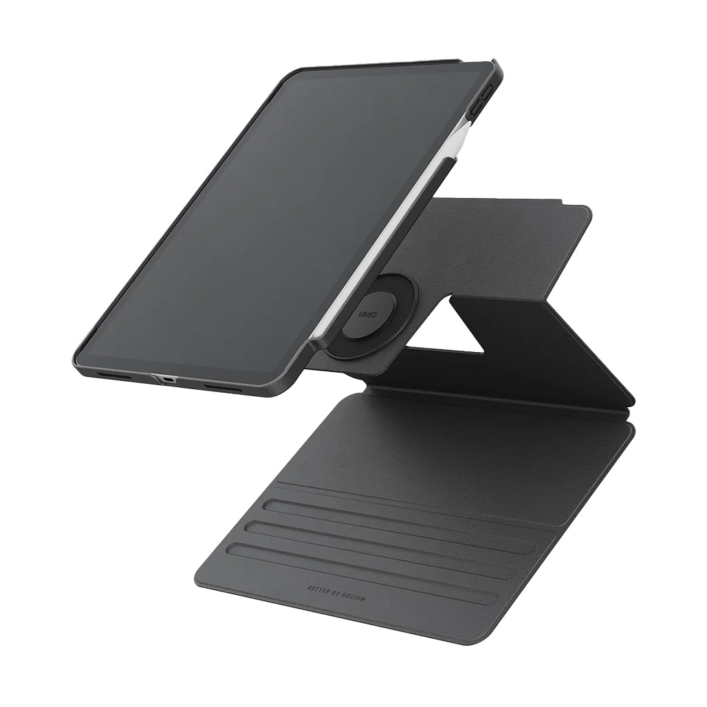 A Photo Of UNIQ Rovus SnapMount Magnetic iPad Stand & Case for iPad (A16) - with Built-in Apple Pencil Holder – 360° Rotation & Multi-Angle Viewing