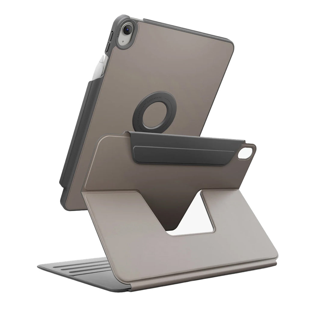 A Photo Of UNIQ Rovus SnapMount Magnetic iPad Stand & Case for iPad (A16) - with Built-in Apple Pencil Holder – 360° Rotation & Multi-Angle Viewing
