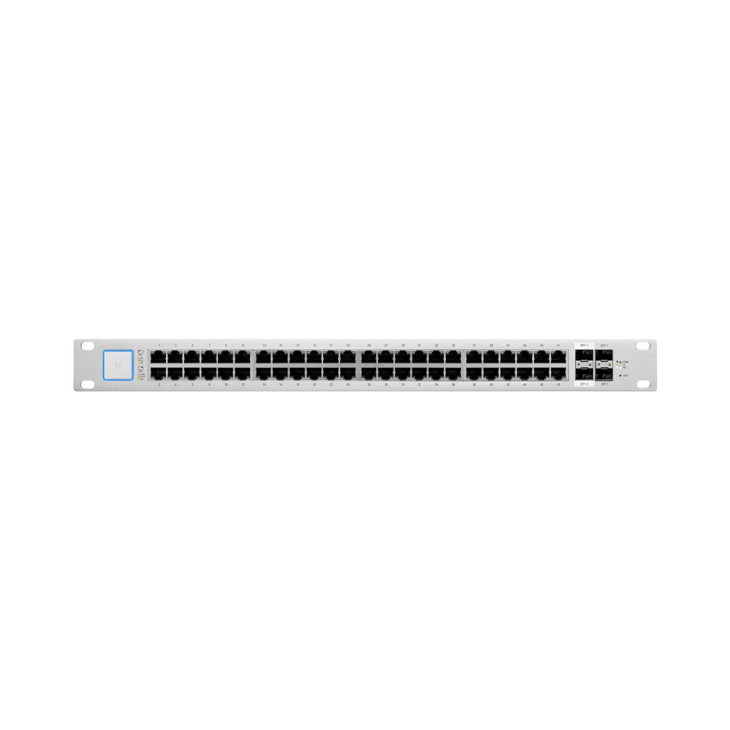 A Photo Of Ubiquiti PoE Switch 48-Port GbE, PoE+ and 24V Passive PoE with 1G & 10G SFP Ports | High-Performance Network Switch