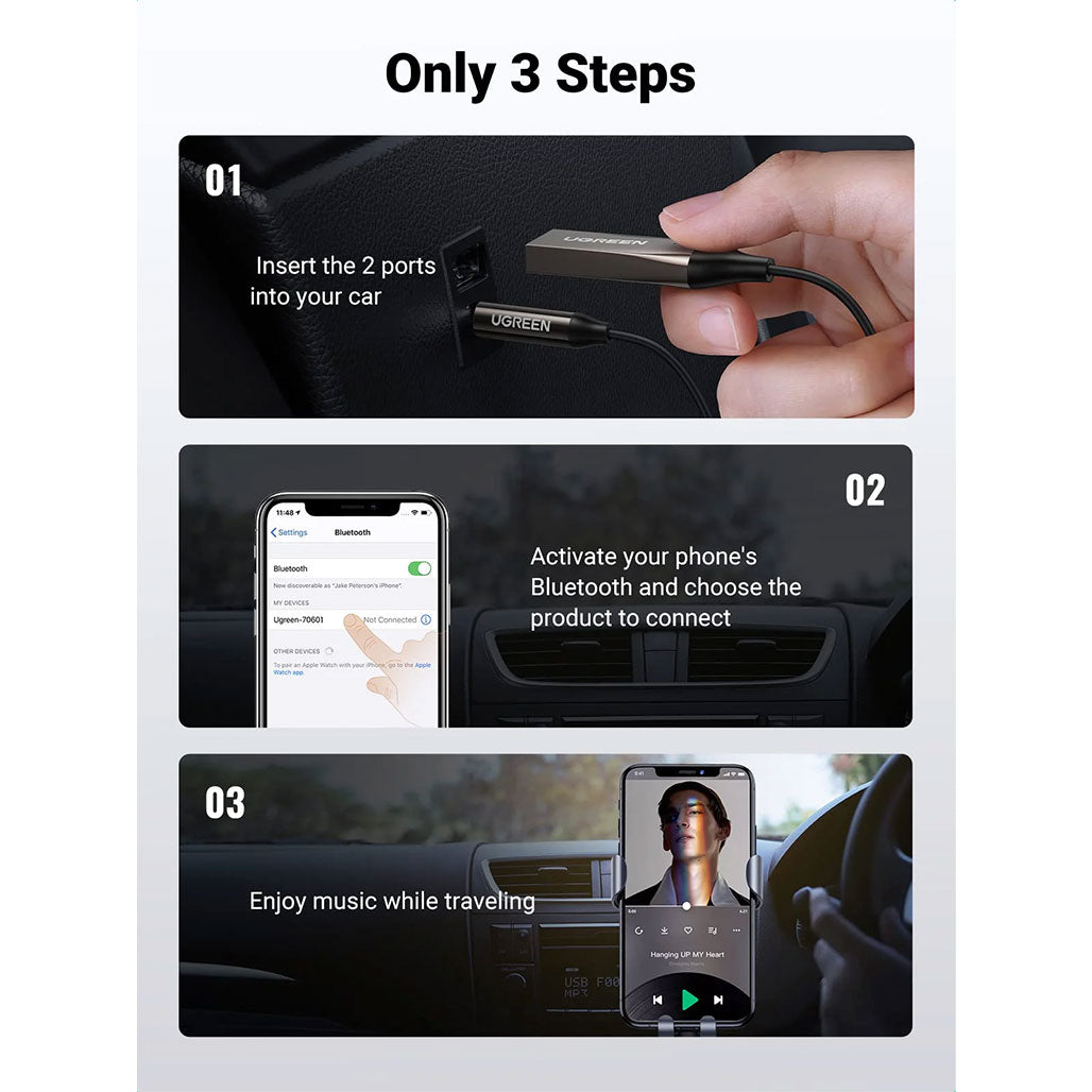 A Photo Of UGreen 70601 Bluetooth Aux Adapter – Car Aux Bluetooth v5.0 Receiver with 3.5mm Jack and Built-in Microphone for Stereo Music Streaming and Hands-Free Calls