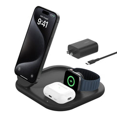 A Photo Of Belkin BoostCharge 3-in-1 Magnetic Foldable Wireless Charging Station with Qi2, 15W Fast Charging for iPhone, Apple Watch & AirPods
