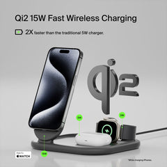 A Photo Of Belkin BoostCharge 3-in-1 Magnetic Foldable Wireless Charging Station with Qi2, 15W Fast Charging for iPhone, Apple Watch & AirPods