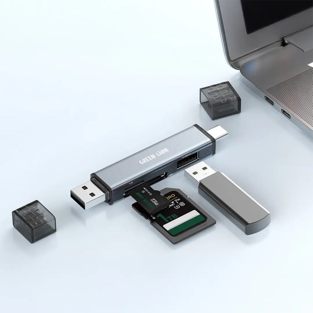 A Photo Of Green Lion 3 in 1 Card Reader with USB-A & USB-C Connectivity - Gray