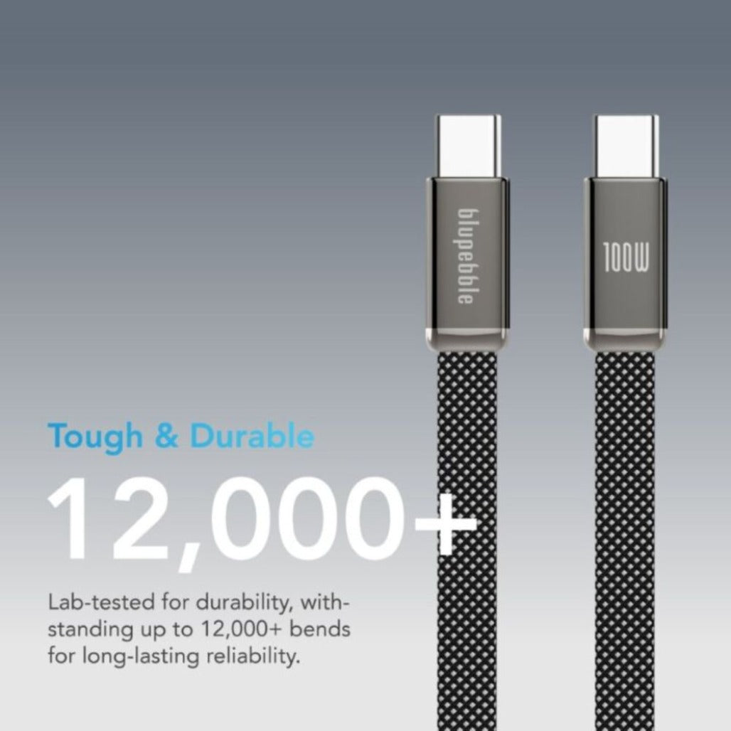 A Photo Of Blupebble POWERFLOW PD USB-C to USB-C Charge & Sync Flat Braided Cable - BP-PFFLAT1.2M100W-GY-SD26-J