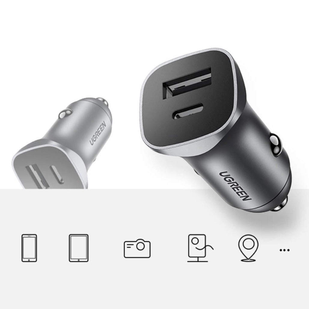 A Photo Of Ugreen 40858 30W USB C Car Charger Dual Port PD3.0 QC3.0 Fast Charging