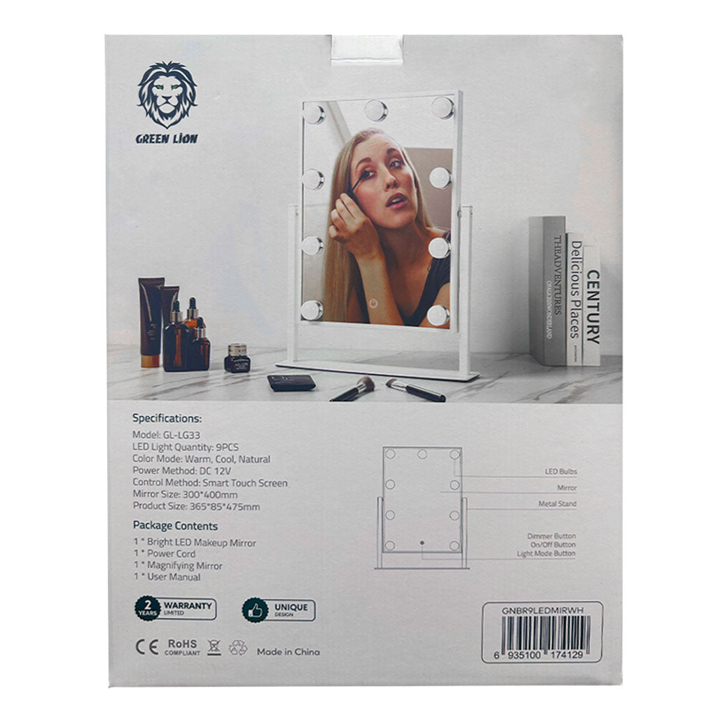 A Photo Of Green Lion GNBR9LEDMIRWH Brightening 9 Led Makeup Mirror - White