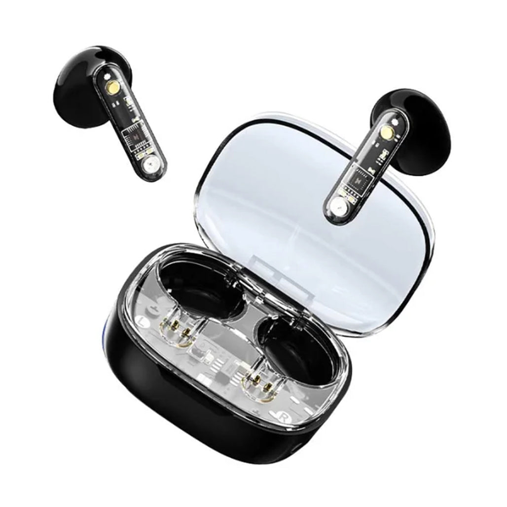 A Photo Of Green Lion Transparent Pro Wireless Earbuds - GNTPROTWSBK