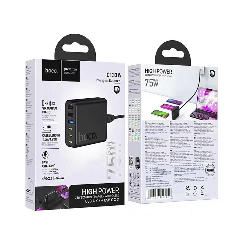 A Photo Of Hoco C133A High Power 75W Six-Port Charger with Cable - Multi-Device Fast Charging Solution