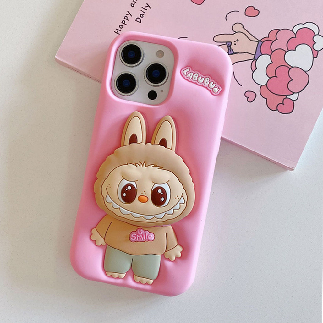 A Photo Of Labubu Shockproof Silicone Case with Stand for iPhone 16 Pro