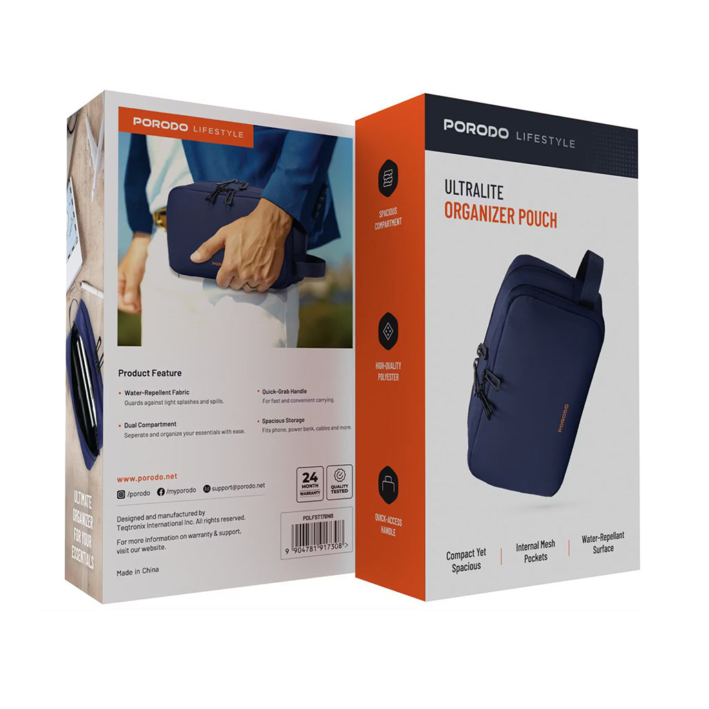 A Photo Of Porodo Organizer Pouch Navy – Dual Compartment Travel Bag with Water-Repellant Polyester & Mesh Pockets